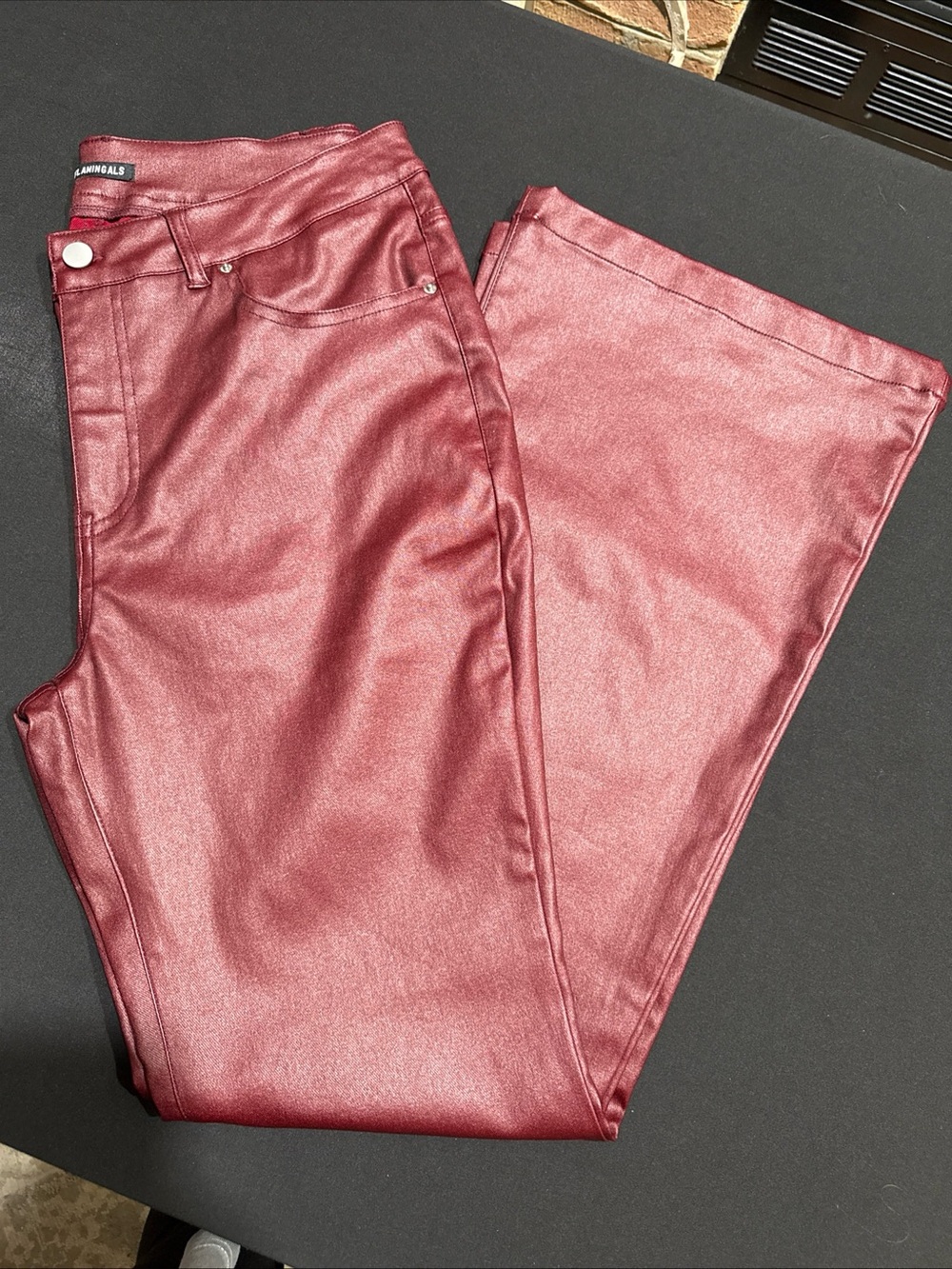 Womens Burgundy Faux-Leather Flare Pants